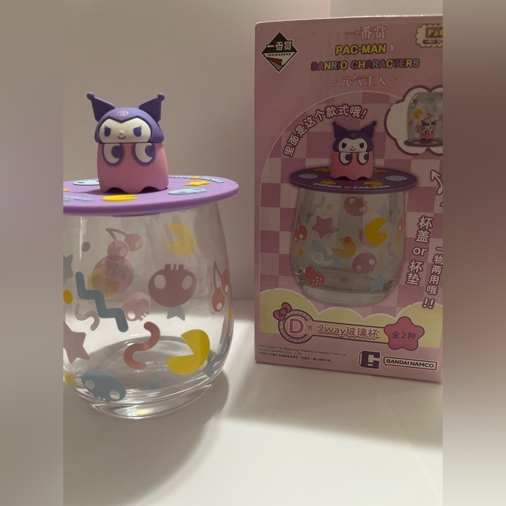 Pac-man Glass Cup with Silicone Kuromi Lid-Rare